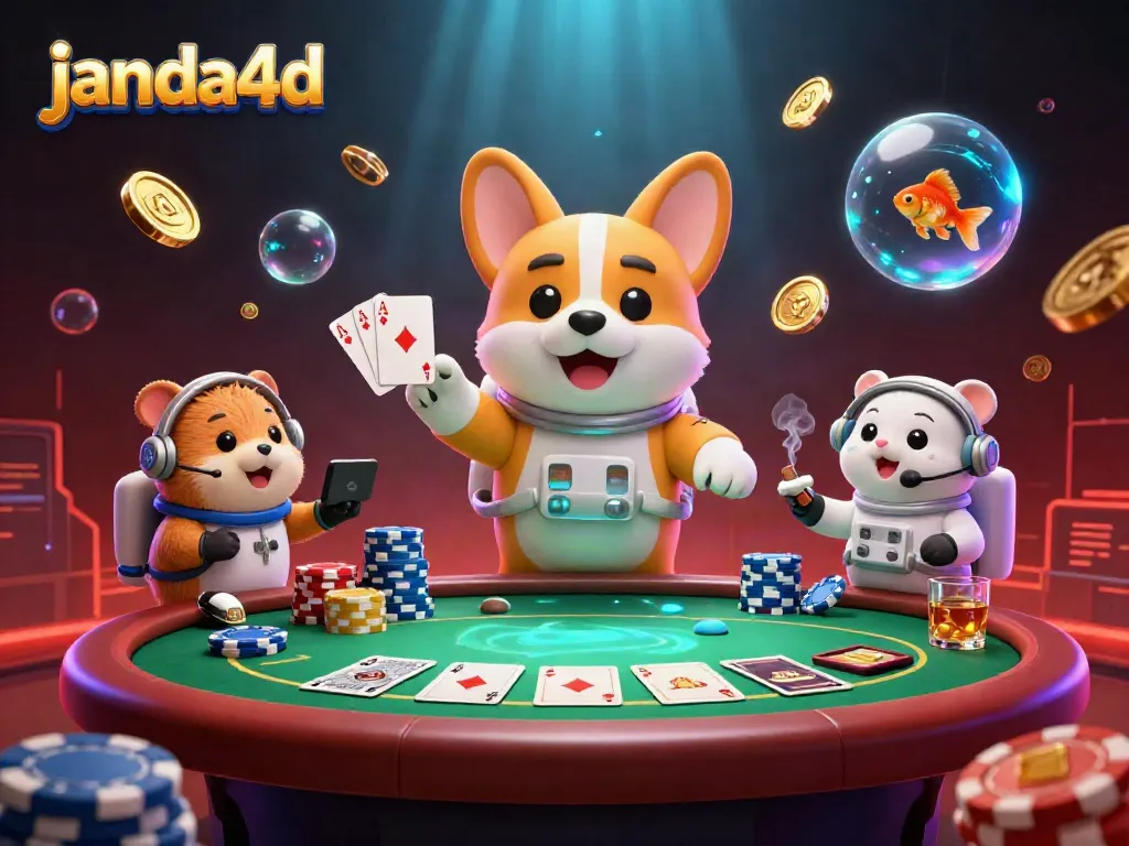 Menghadirkan janda4d, corgi astronot 3D bersenang-senang di kasino luar angkasa dengan chip poker dan koin emas melayang.