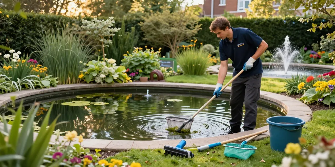 Pond Clean London - Professional cleaning of a serene garden pond, showcasing maintenance tools and a tranquil environment.