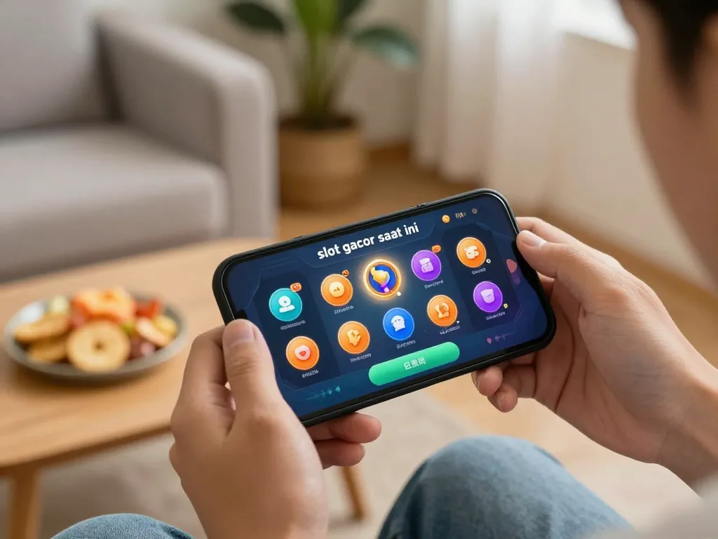 Playing slot gacor saat ini on mobile device in a cozy home setup, emphasizing strategic online gaming.