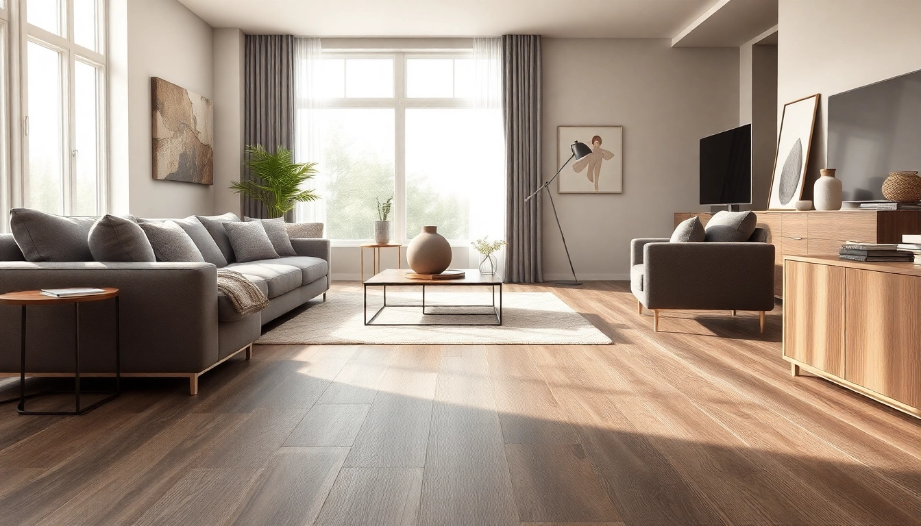 Shop for flooring stores near me with stylish LVP flooring in a modern living room setting.