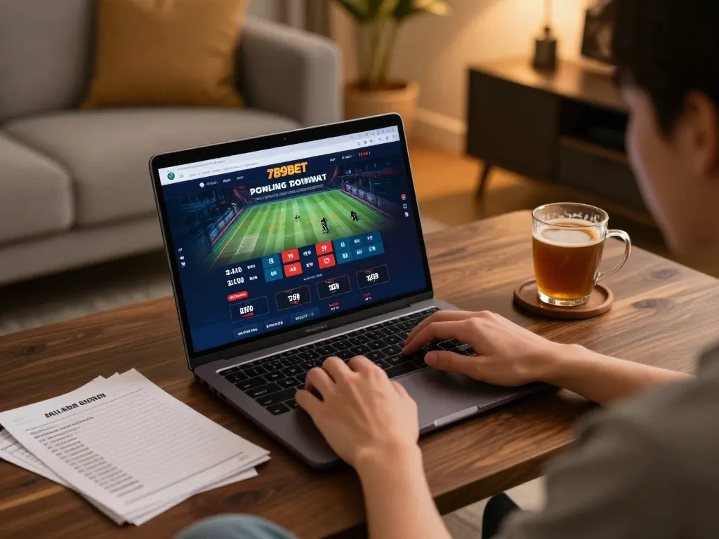 Player analyzing sports bets on 789BET in a cozy home setting, embodying strategic gaming.