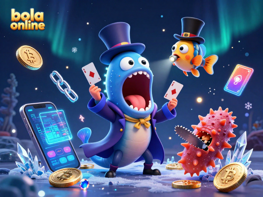Bola online spins the magic with underwater characters like the gulper eel performing card tricks, showcasing crypto coins.