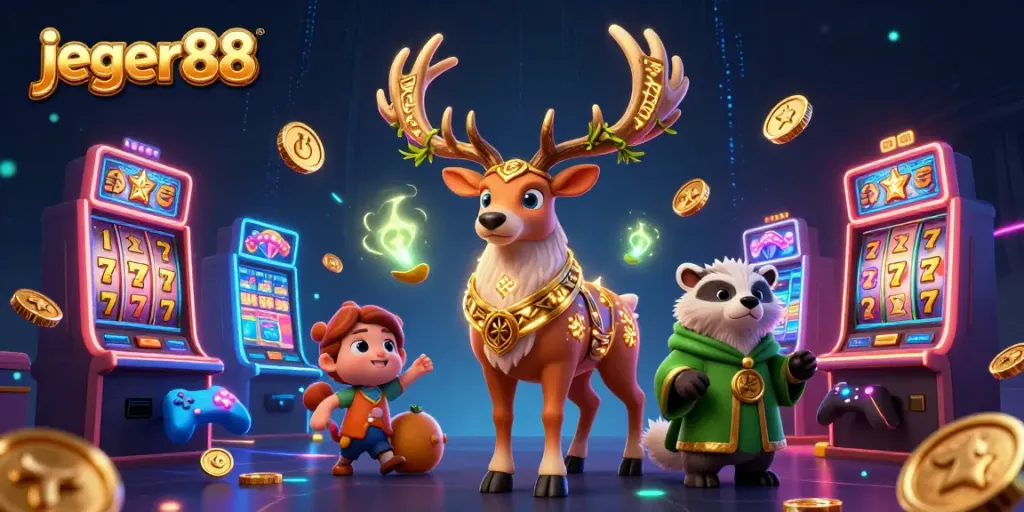Menangkan jackpot di jeger88 dengan ilustrasi 3D penuh warna dan simbol slot keberuntungan.