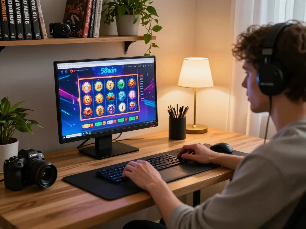Experience the thrill of gaming with 58win on a stylish online setup, showcasing exciting slot game action.