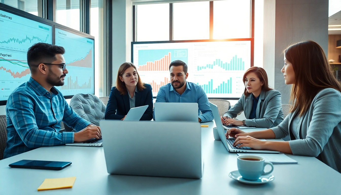 Analyze competitor customer list with a professional team in a bright office setting.