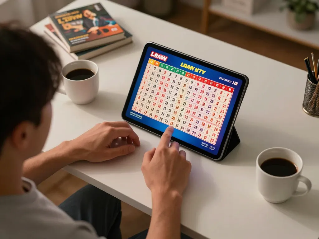 Engaging in a live draw hk lotto session on a tablet, capturing the excitement of online lottery gameplay.