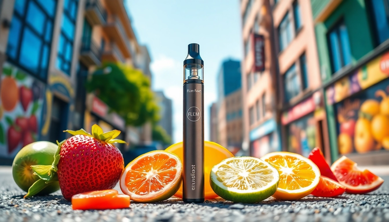 Showcasing flum float vape surrounded by colorful fruit, highlighting flavors and design.