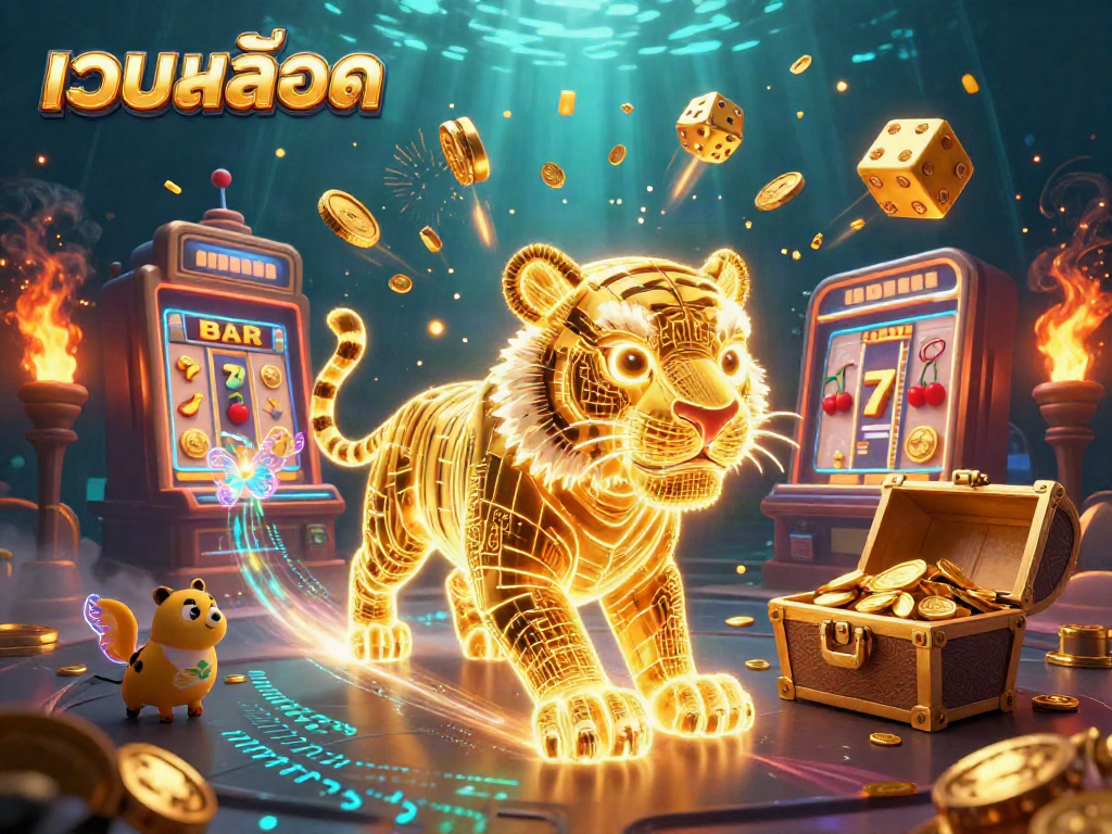 Experience เว็บสล็อต excitement with a vibrant jackpot scene featuring a golden tiger and bursting slot machine.