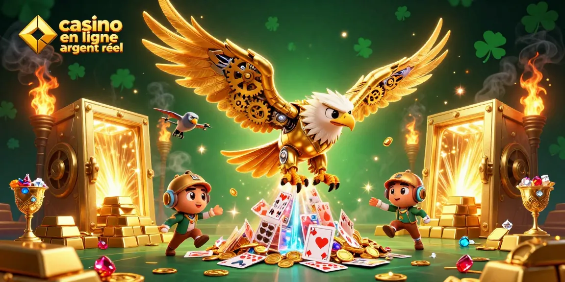 Plongez dans l'univers du casino en ligne argent réel avec des éléments dorés captivants et des effets lumineux.