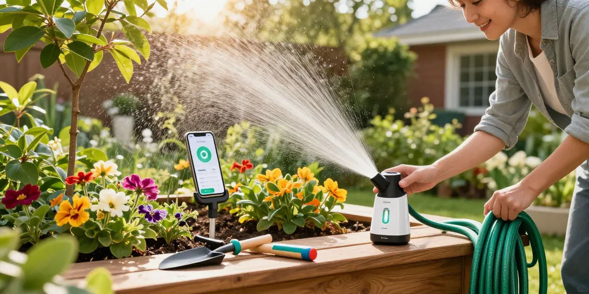 Managing plant care with a rainpoint smart sprinkler controller in a vibrant garden setting.