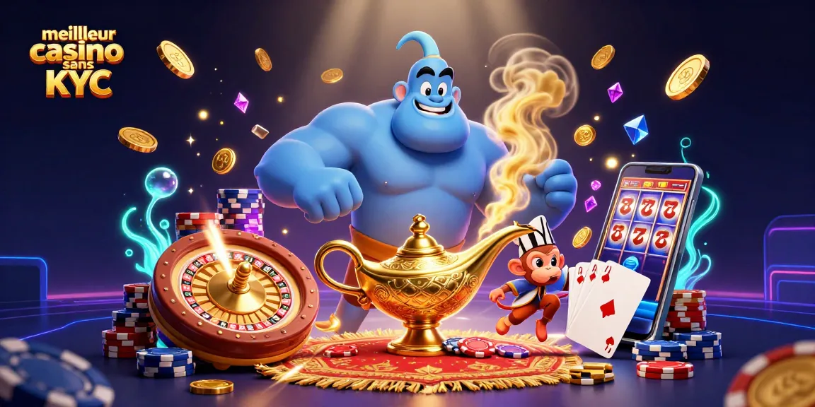 Découvrez le meilleur casino sans KYC avec des joyaux scintillants et des pièces d'or dans une scène magique.
