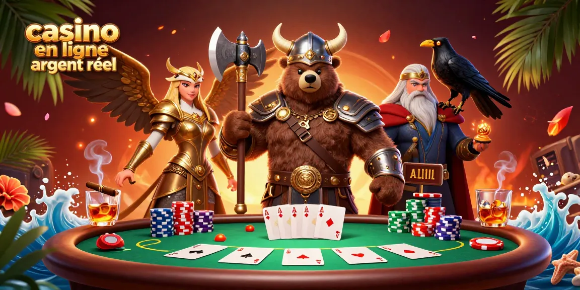 Plongez dans l'univers du casino en ligne argent réel avec un ours viking et une aigle valkyrie jouant au poker.