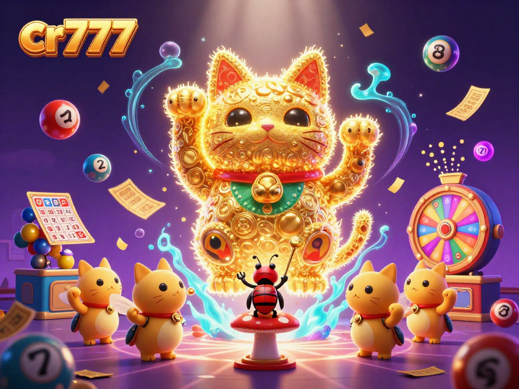 Gambar dinamika permainan lotere dengan cr777 yang dipimpin oleh kucing keberuntungan dari kunang-kunang.