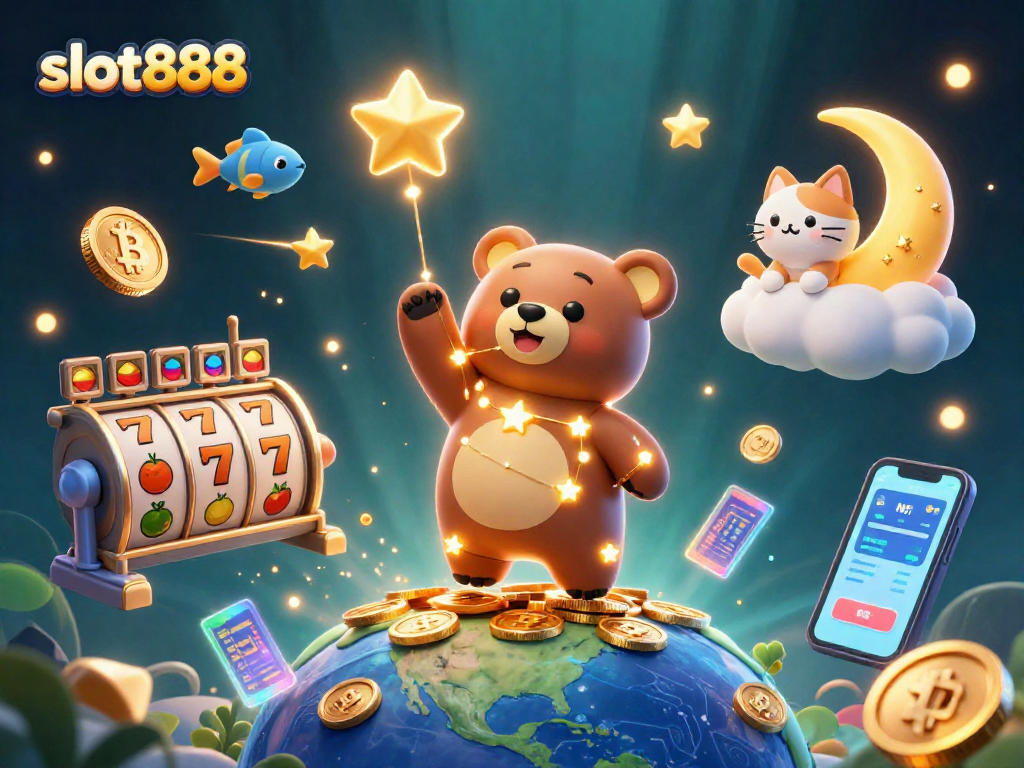 Menangkan slot888 dengan simbol slot berkilau dan karakter menggemaskan.