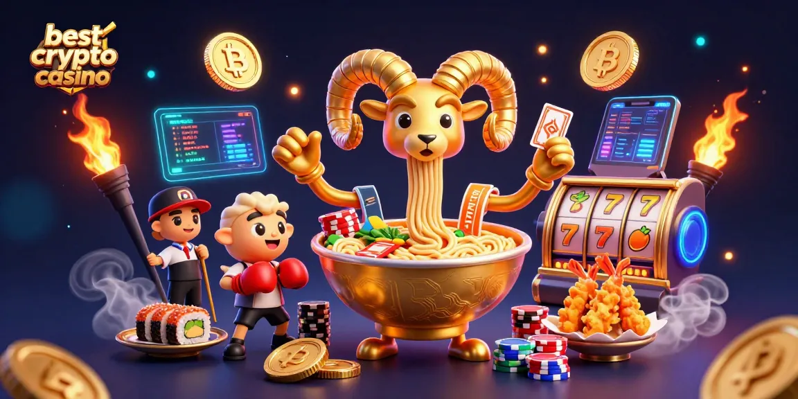 Découvrez le meilleur crypto casino avec un ramen géant et des pièces de Bitcoin en action.