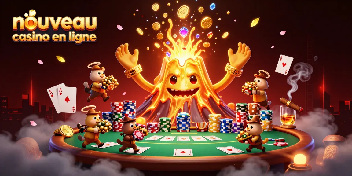 Illustration du nouveau casino en ligne avec un volcan doré, des animaux explorateurs et des éléments de poker.