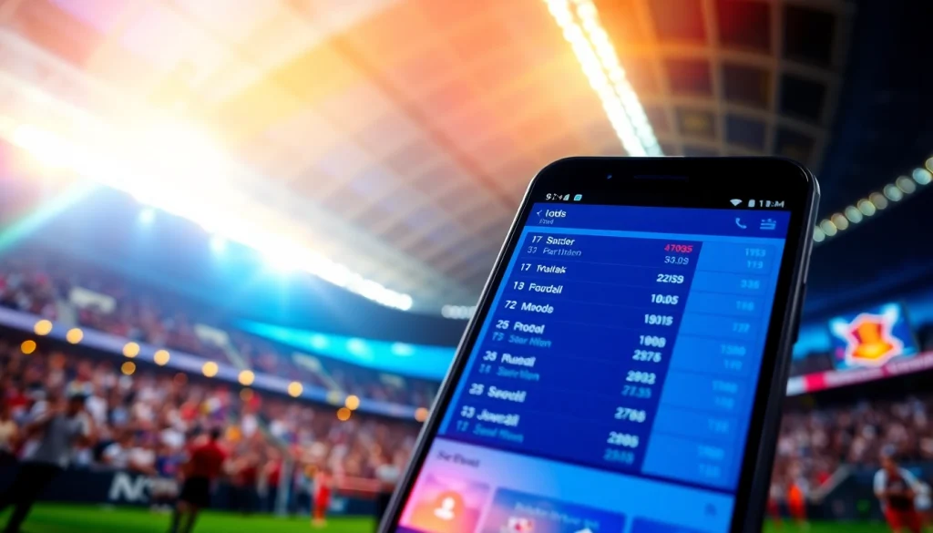 Engaging smartphone betting interface showcasing online sportsbooks India in a vibrant stadium atmosphere.