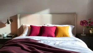 Cuscini letto decorativi su un elegante letto matrimoniale, per un riposo confortevole e di stile.