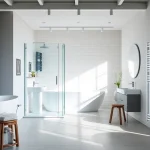 Entdecken Sie die Badprodukte von sonni sanitär GmbH in einem modernen Showroom mit eleganten Designelementen.