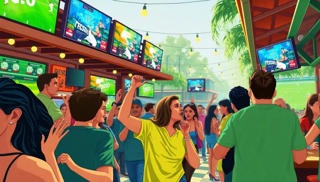 Engaged sports fans enjoying sports betting Mexico at a lively outdoor sports bar.