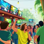Engaged sports fans enjoying sports betting Mexico at a lively outdoor sports bar.