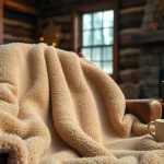 Fleece dekentje op een houten stoel in een gezellige cabin setting, perfect voor ontspanning.
