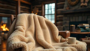 Fleece dekentje op een houten stoel in een gezellige cabin setting, perfect voor ontspanning.