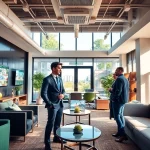 Real Estate agent consulting clients in a modern office environment with digital property displays.