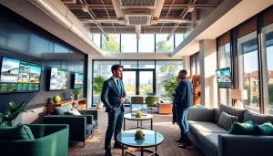 Real Estate agent consulting clients in a modern office environment with digital property displays.