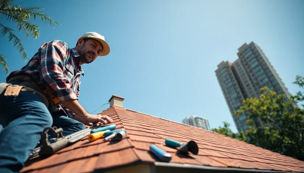 Showcasing professional roofing services by a skilled roofer installing shingles on a house.