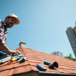 Showcasing professional roofing services by a skilled roofer installing shingles on a house.