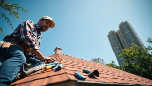 Showcasing professional roofing services by a skilled roofer installing shingles on a house.