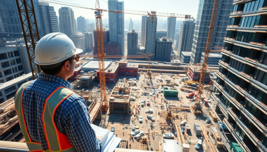 Manhattan Construction Manager supervising a dynamic construction site with cranes and blueprints.