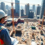 Manhattan Construction Manager supervising a dynamic construction site with cranes and blueprints.