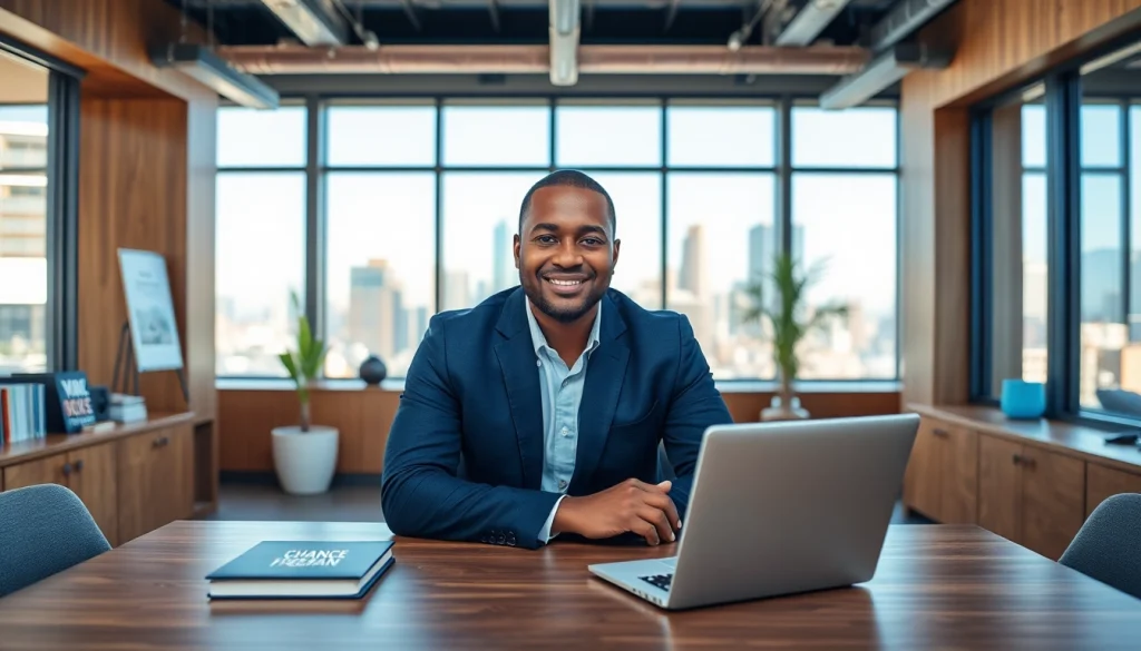 Chance Freeman confidently working in a bright office, showcasing professionalism and ambition.