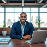 Chance Freeman confidently working in a bright office, showcasing professionalism and ambition.