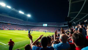 축구중계를 생생하게 전달하는 경기중계 장면, 열정적인 팬들과 밝은 조명으로 가득한 축구장.