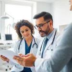 Healthcare professional assessing patient's health in a bright clinic, demonstrating commitment to Health.