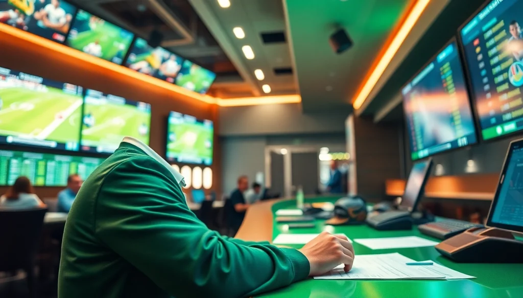 Engage with the best sportsbooks Brazil through a professional bettor analyzing live odds in an energetic setting.