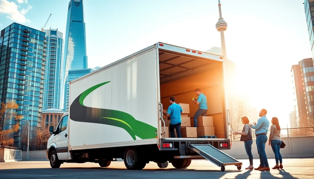 Best Toronto Movers efficiently loading boxes into a moving truck in the vibrant cityscape.