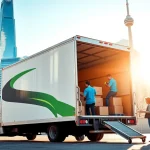 Best Toronto Movers efficiently loading boxes into a moving truck in the vibrant cityscape.