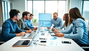 Engaging discussion around WhatsApp Business CRM in a modern office setup, showcasing data analytics.