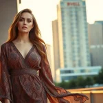 Showcasing Rivelle fashion with elegance in a chic urban setting during sunset.