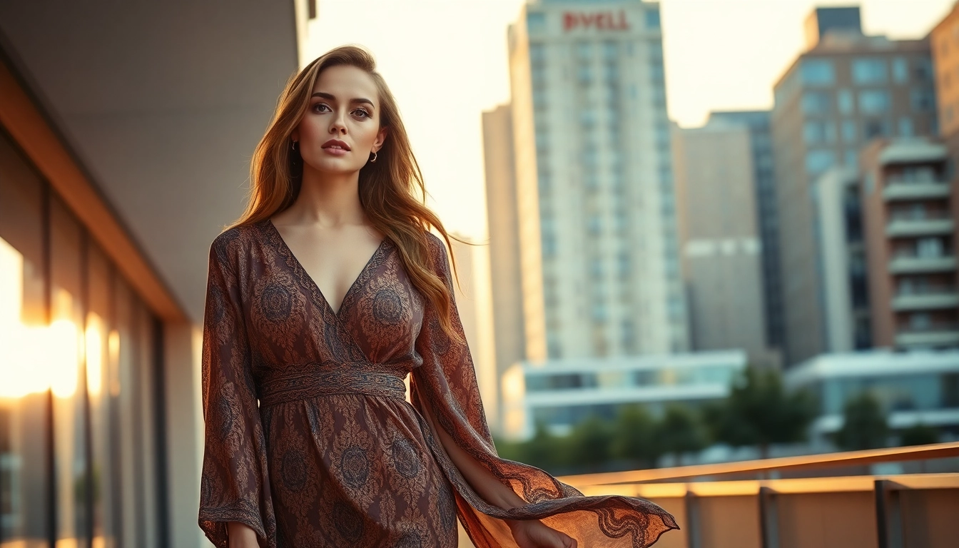 Showcasing Rivelle fashion with elegance in a chic urban setting during sunset.