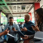 Bettors engaging in online sports betting Oklahoma with mobile devices in a lively casino environment.