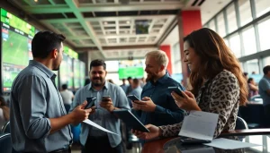 Bettors engaging in online sports betting Oklahoma with mobile devices in a lively casino environment.