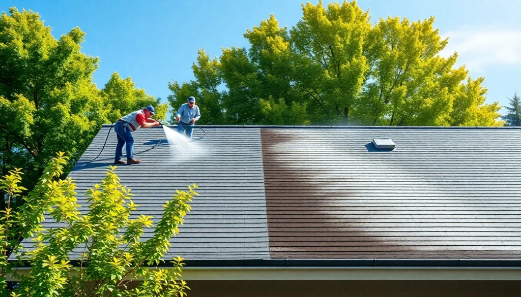 Roof cleaning service demonstrating safe soft wash techniques on a residential shingle roof.