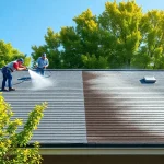 Roof cleaning service demonstrating safe soft wash techniques on a residential shingle roof.