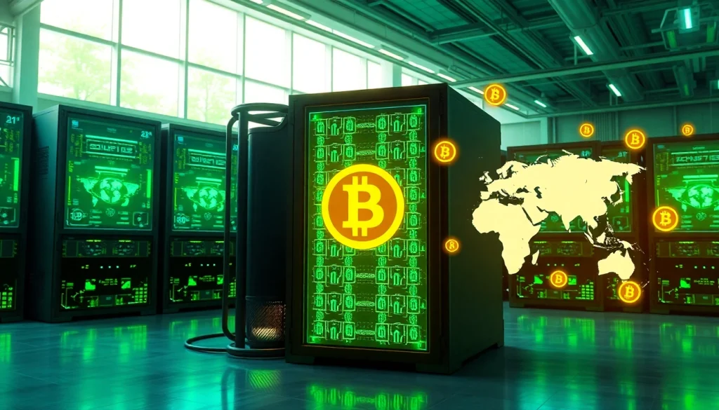 AI-driven mining farm showcasing dogecoin cloud mining earnings in a high-tech, green energy environment.