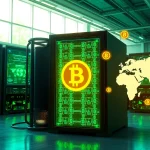 AI-driven mining farm showcasing dogecoin cloud mining earnings in a high-tech, green energy environment.
